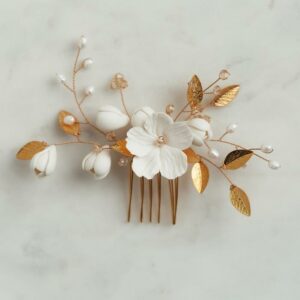 Davie and Chiyo Farryn Headpiece Revelle bridal accessory boho dreamy romantic porcelain and gold detail headpiece