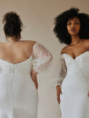 Tropez Laudae Trunk Show Revelle Bridal 2022 Collection Puff Sleeves Fitted Modern Wedding Dress