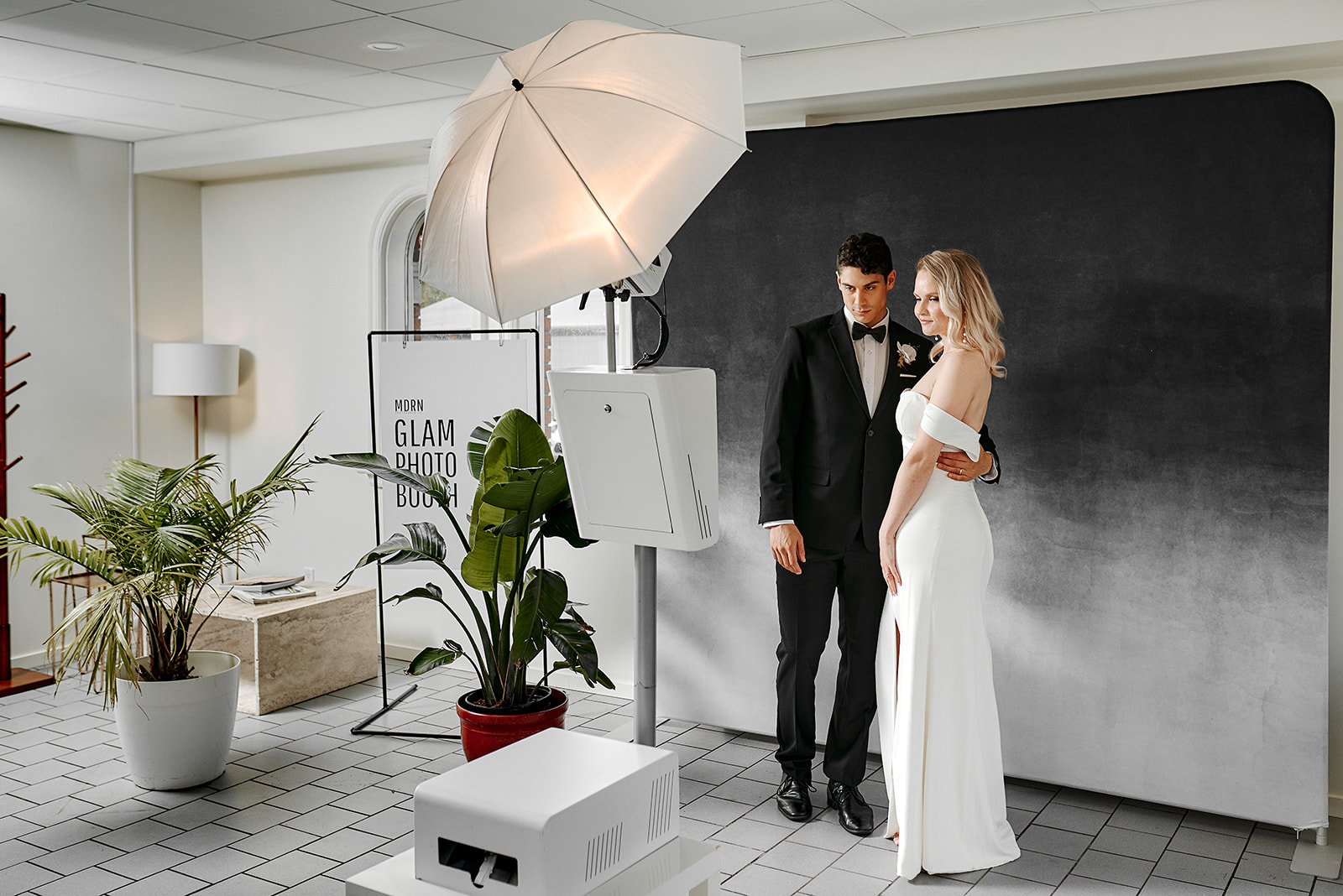 Bash By Revelle BLVD Maide MDRN photo booth Couple Bride and Groom Fun Preslee Minimalist Off-Shoulder Wedding Dress