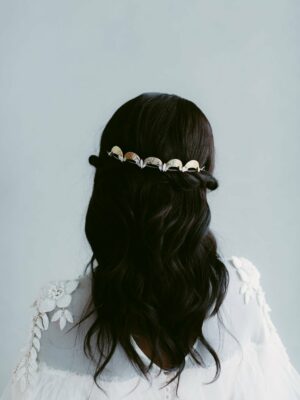 Blake by Hushed Commotion is a gold tiara modern wedding accessory that can be worn many different ways