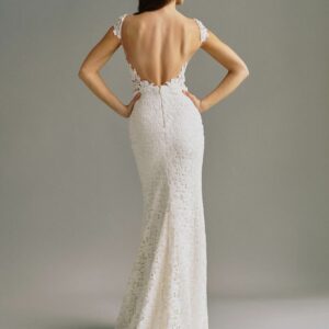 Santorini Laudae mermaid wedding gown bold floral lace back