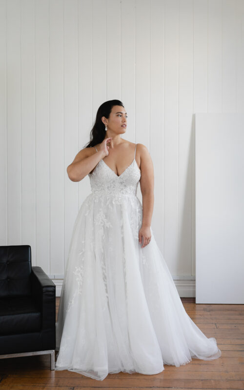 Topaz by Hera Couture at Revelle Bridal Boutique Lace Wedding Gown Floral Motifs A line Skirt Modern Ivory Wedding Dress