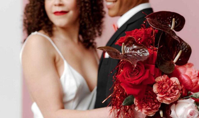 Valentine's Day Gift by Revelle Bridal Giftware for the Bride to Be Couple Bride and Groom Holding Red Rose Bouquet