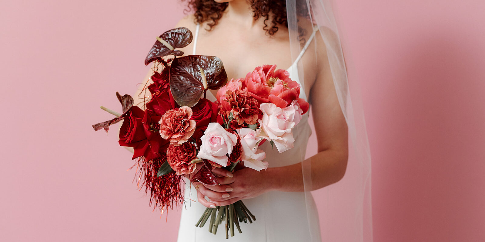 Bash Revelle Bridal Pollenation Flowers Bridal Wedding Florist Pink Roses Thin Veil Modern Bride