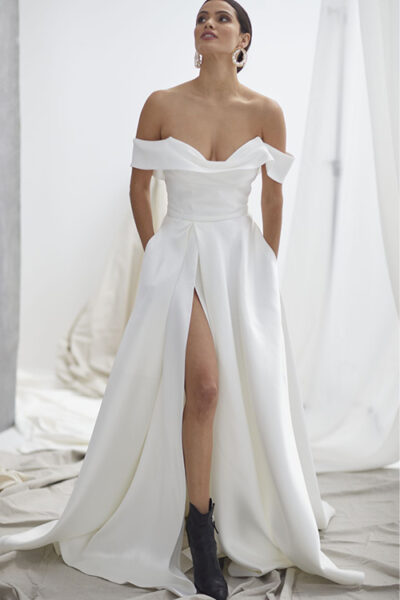 Hera Couture Wedding Gown Designer at Revelle Bridal Boutique Ottawa Le Belle V2 silk drill satin wedding dress modern luxurious bridal fashion