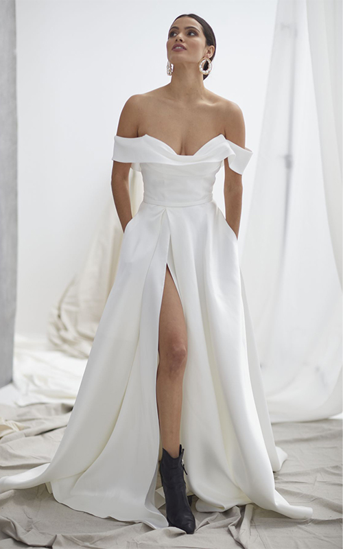 Hera Couture Wedding Gown Designer at Revelle Bridal Boutique Ottawa Le Belle V2 silk drill satin wedding dress modern luxurious bridal fashion