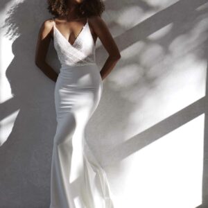 Mila Crepe by Made With Love available for Purchase at Revelle Bridal sparkly beaded bodice and crepe skirt wedding dress