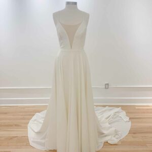 Orenda by Aesling crepe wedding modern wedding dress sample sale revelle bridal on mannequin