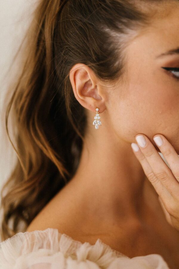 Vania Drop Earrings by Untamed Petals available for purchase at Revelle Bridal Jewellery Wedding Jewelry Gold Crystal