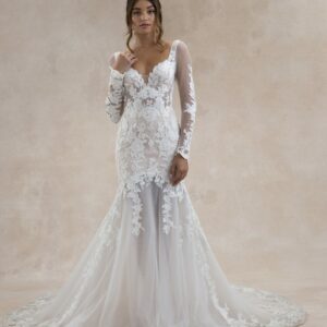 Vesper by Tara Lauren is a lace mermaid wedding gown with long sleeves available for purchase at Revelle Bridal