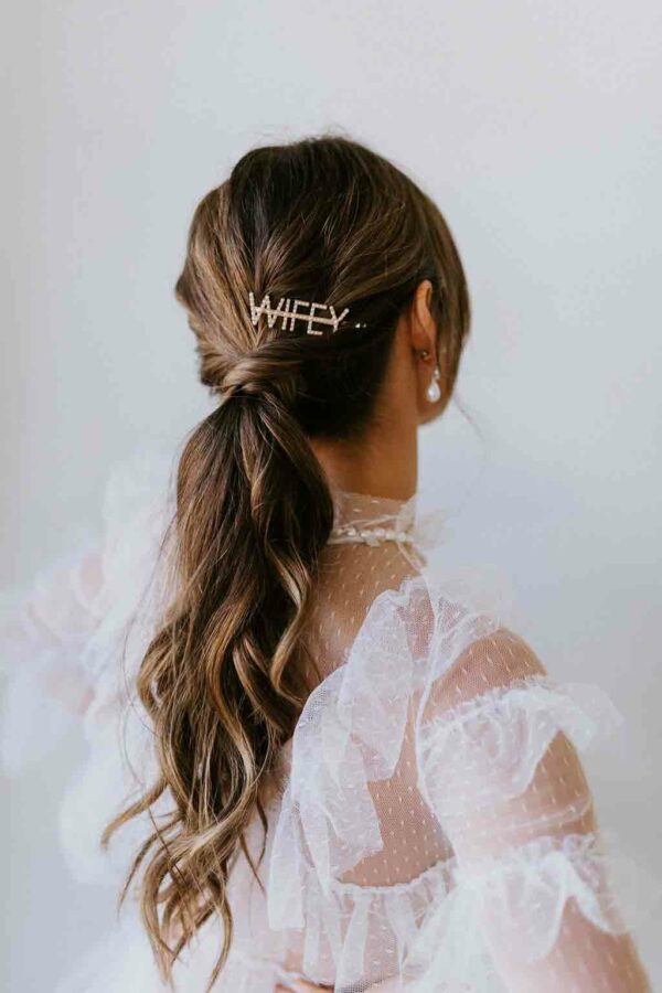 Wifey Bobby Pin Untamed Petals available for purchase at Revelle Bridal Hair Accessories Gold Pave Pearl