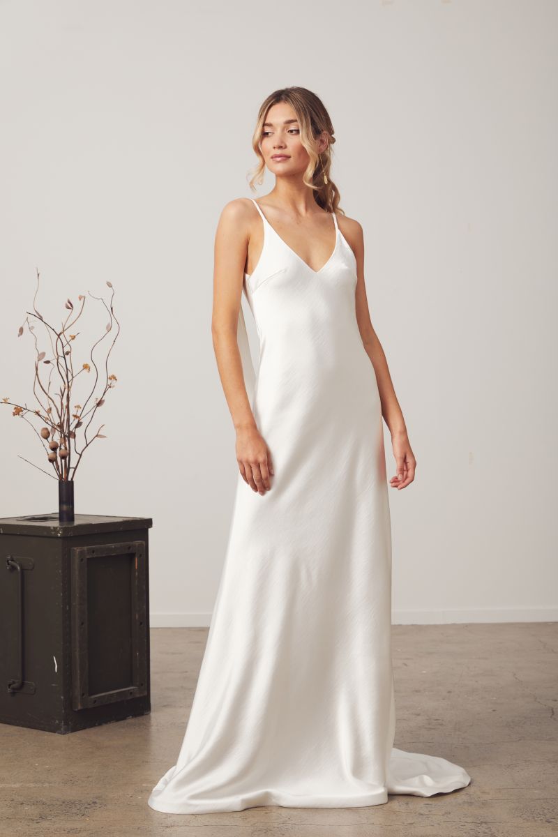 Harmony by Hera Couture satin slip dress wedding dress v-neck thin straps fitted cowl back
