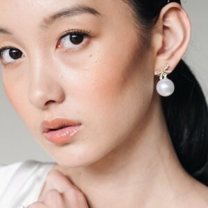 Jade Oi Piper Pearl Drop Earrings Bridal Minimalist Bow Gold Jewelry
