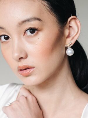 Jade Oi Piper Pearl Drop Earrings Bridal Minimalist Bow Gold Jewelry