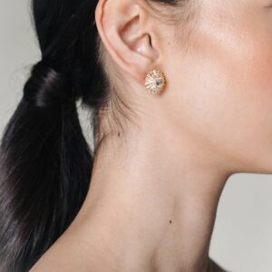 Dahlia Gold Crystal Round Studs Bridal Earrings on model