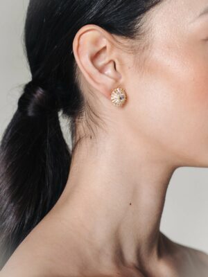 Dahlia Gold Crystal Round Studs Bridal Earrings on model