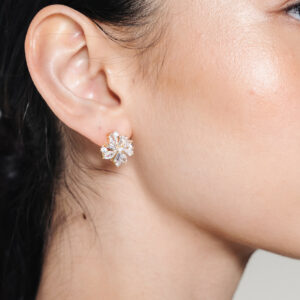 Lily Gold Rhinestone Starburst Stud Bridal Earrings Wedding Jewelry on model