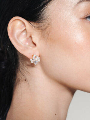 Lily Gold Rhinestone Starburst Stud Bridal Earrings Wedding Jewelry on model