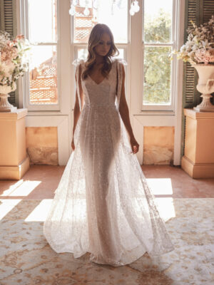 Marley by Anna Campbell Wedding Dress Sequin netted lace, detachable shoulder ribbon & a v neckline. Flowy skirt with fitted lining