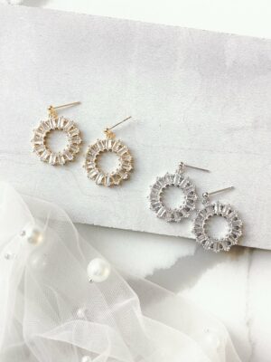 Marlowe Earrings by Jade Oi studios in gold and white gold - silver - wedding accessories and bridal jewelry designer elegant crystal round drop earrings