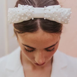 Abby Bow Headband with hand beaded pearls