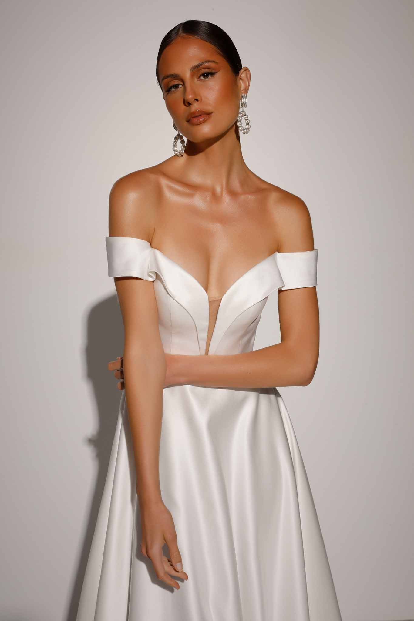 Miller by Evie Young satin wedding dress Revelle Bridal designer off-the-shoulder straps wedding dress