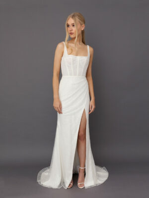 Banks Wedding Dress by Tara Lauren – fully beaded square neck fitted gown with boned corset bodice and draped faux wrap skirt with slit.