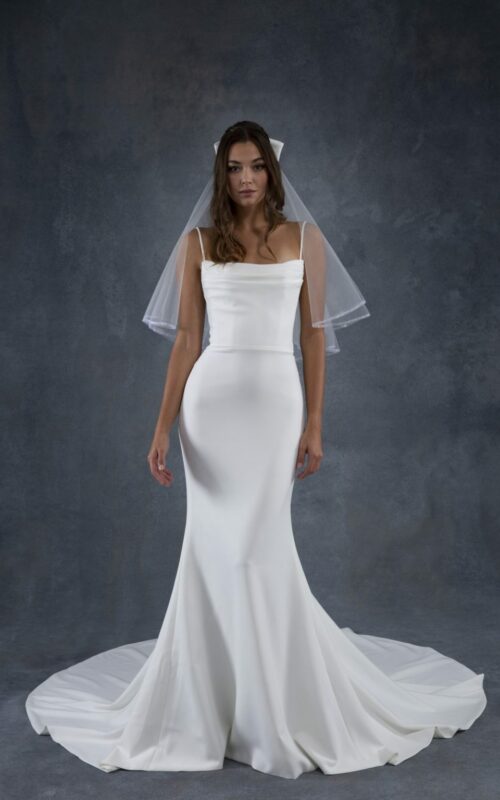 Laguna wedding dress by Tara Lauren With thin spaghettiStraps and a mermaid silhouette
