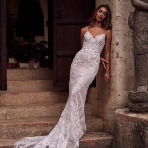 Ziggy wedding dress by Evie Young Lace wedding gown thin straps long train