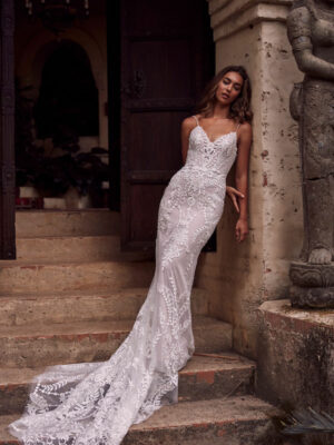 Ziggy wedding dress by Evie Young Lace wedding gown thin straps long train