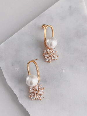 Gaia Jade Oi Earrings Wedding Jewelry Bridal Jewellery Ottawa Gold Starburst drop earrings with pearl and gold accents