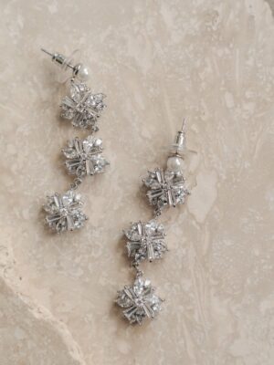 Lilibeth earrings by Jade Oi studios white gold silver starburst drop earrings with pearl accent