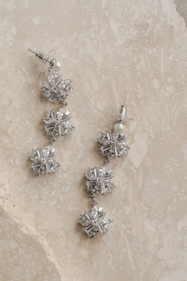 Lilibeth earrings by Jade Oi studios white gold silver starburst drop earrings with pearl accent