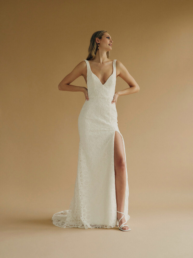 Loren by Laudae 2023 Collection Bold Lace Wedding Gown Leg Slit Boho Sexy Wedding Dress Ottawa