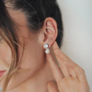 Melanie Studs by Untamed Petals - CZ stones earrings modern bridal jewelry wedding jewellery on model Ottawa