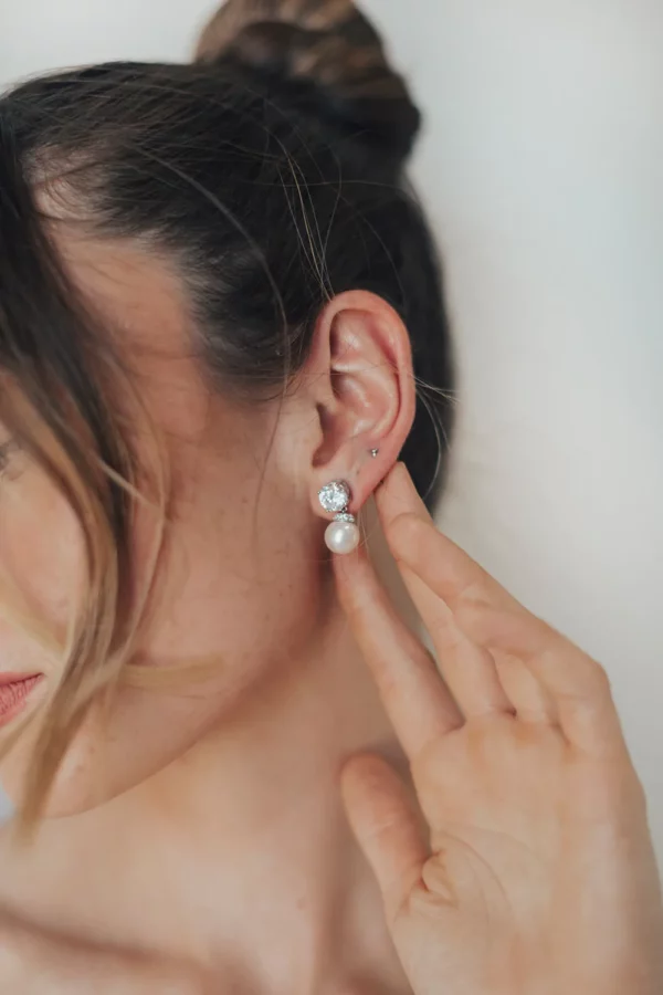 Melanie Studs by Untamed Petals - CZ stones earrings modern bridal jewelry wedding jewellery on model Ottawa