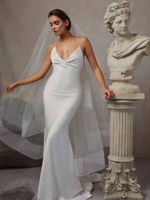 Sarah Seven Cora slip wedding dress low v neck thin spaghetti straps Greek Edit