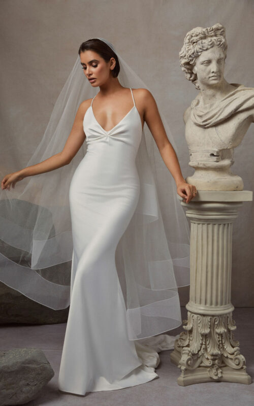 Sarah Seven Cora slip wedding dress low v neck thin spaghetti straps Greek Edit