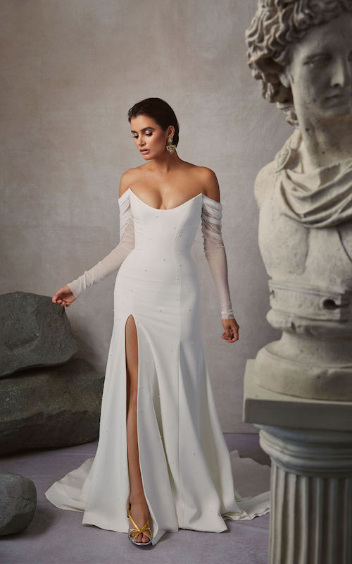 Sarah Seven Bridal Designer Revelle Bridal Boutique Ottawa - Bronte Wedding Dress Long Sleeve Crepe Leg Slit Off-the-Shoulder Wedding Gown Mondern