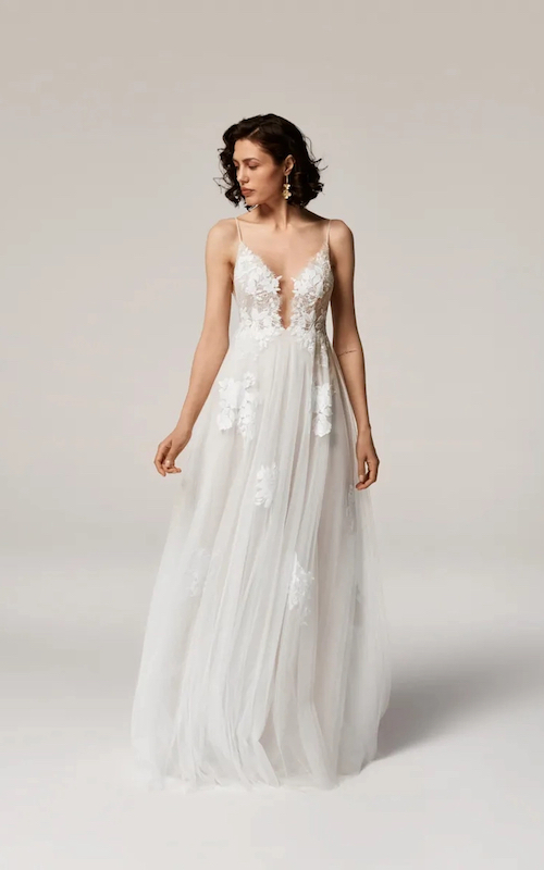 Merche wedding gown by Anna Kara - Soft tulle a-line skirt, lace bodice, spaghetti straps- boho wedding gown