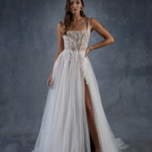 Ambrosia by Tara Lauren - Lace wedding dress with A-line skirt, square neckline and cathedral train - sample wedding dress
