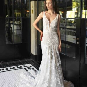 Carolina by Rish Bridal - Lace Wedding Gown V Neck Long train - sample available at Revelle Bridal in Ottawa