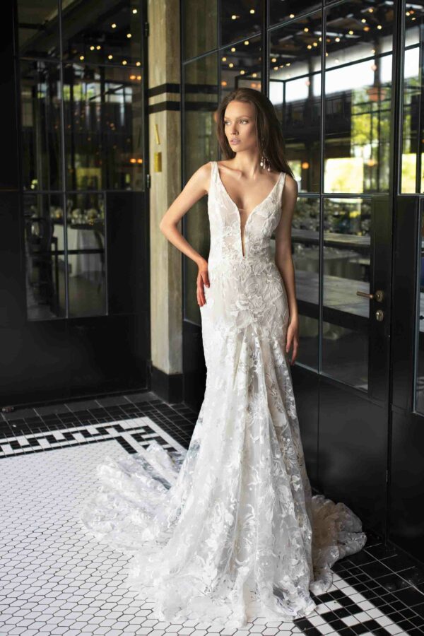 Carolina by Rish Bridal - Lace Wedding Gown V Neck Long train - sample available at Revelle Bridal in Ottawa