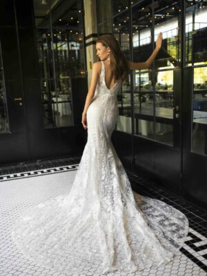 Carolina by Rish Bridal - back -Lace Wedding Gown V Neck Long train - sample available at Revelle Bridal in Ottawa