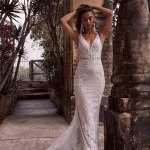 Coco by Evie Young - Lace bohemian wedding gown fit to flare mermaid silhouette v neckline long train