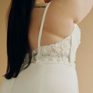 Harlow wedding gown by Laudae BACK detail sweep train backless thin spaghetti straps
