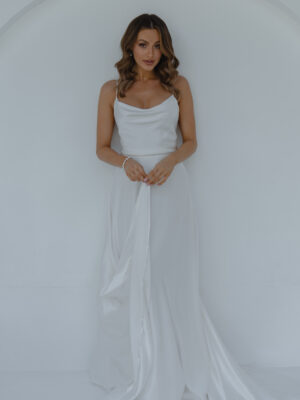 Lila wedding gown by Anna Campbell - Silk Satin wedding dress with cowl neck, thin spaghetti straps, and a A-line skirt front of bridal gown