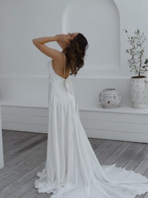 Lila wedding gown by Anna Campbell - Silk Satin wedding dress with cowl neck, thin spaghetti straps, and a A-line skirt tie back