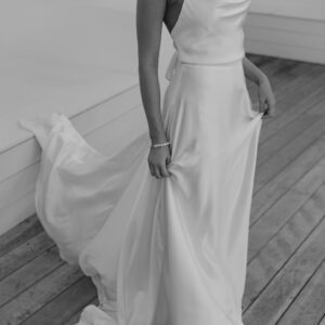 Lila wedding gown by Anna Campbell - Silk Satin wedding dress with cowl neck, thin spaghetti straps, and a A-line skirt silk detail