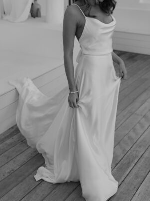 Lila wedding gown by Anna Campbell - Silk Satin wedding dress with cowl neck, thin spaghetti straps, and a A-line skirt silk detail